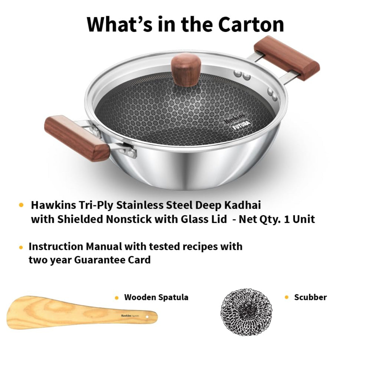 Hawkins 2.5L Triply SS Steel Shielded Nonstick Deep-Fry Pan with Glass Lid & Wooden Handle, Induction - NSDK25G