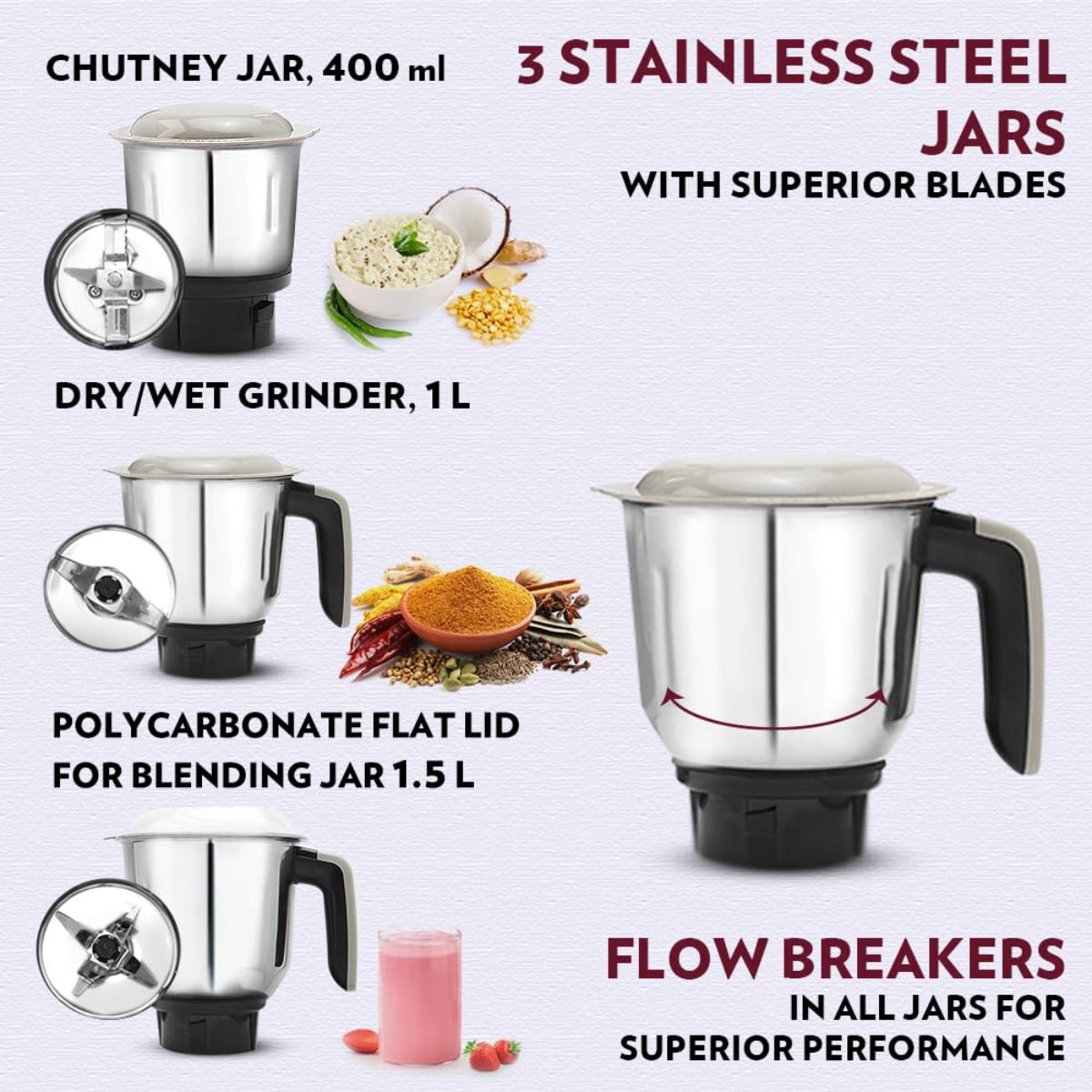Borosil Infinity 750 Watts Mixer Grinder with 3 Stainless Steel Jars - HAMG03