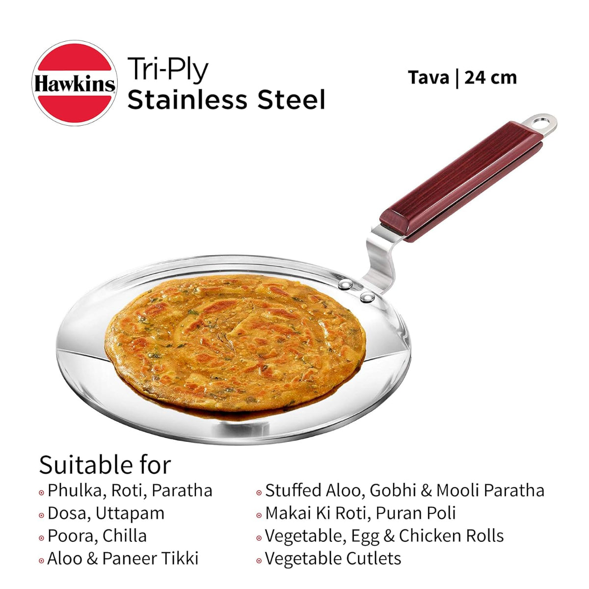 Hawkins 24 cm Triply Stainless Steel Tava with Wooden Handle, Induction Tawa - SSTV24