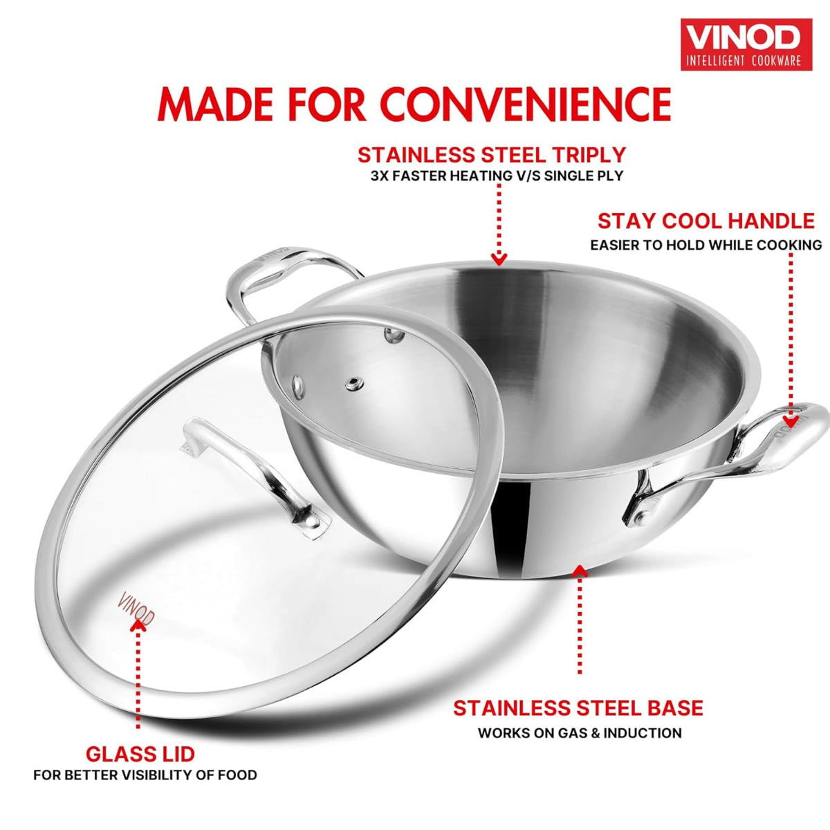 Vinod Platinum Triply Stainless Steel Extra Deep Kadhai With Glass Lid 2.5L (22 cm) Induction Base - EDPTKD22GL