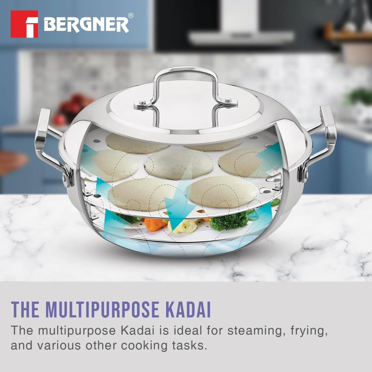 Bergner Essentials Triply Stainless Steel 27cm Multi Kadhai with 6 Plates - Induction Compatible - 6308
