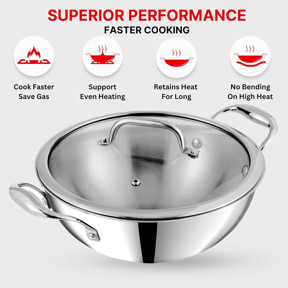 Vinod Platinum Triply Stainless Steel Extra Deep Kadhai With Glass Lid 2.5L (22 cm) Induction Base - EDPTKD22GL