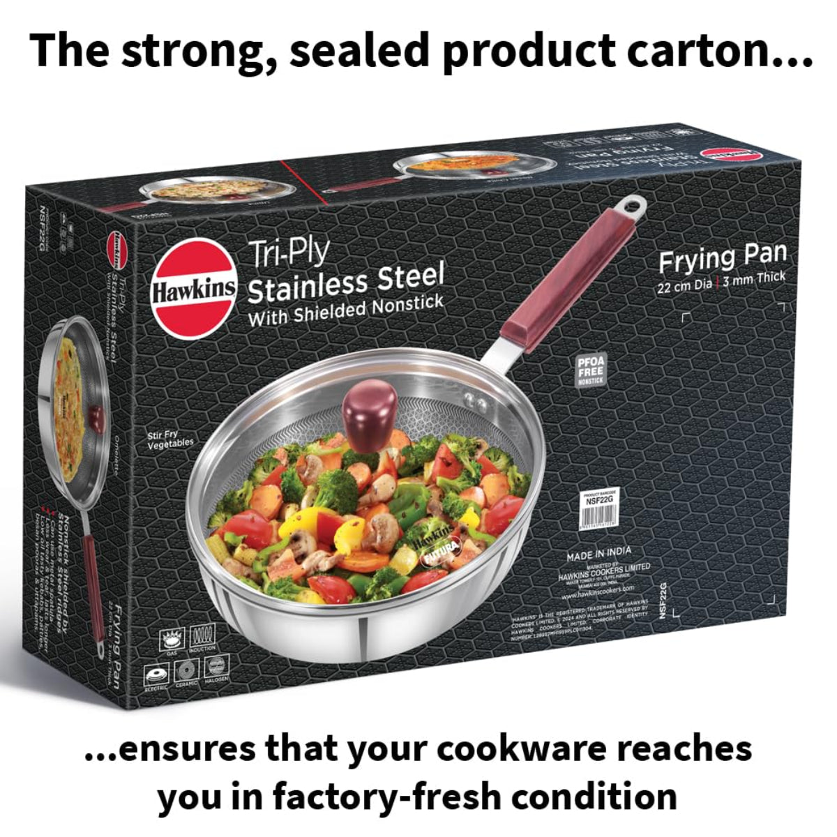 Hawkins 22 cm Triply Stainless Steel Shielded Nonstick Frying Pan with Glass Lid Wood Handle, Induction - NSF22G