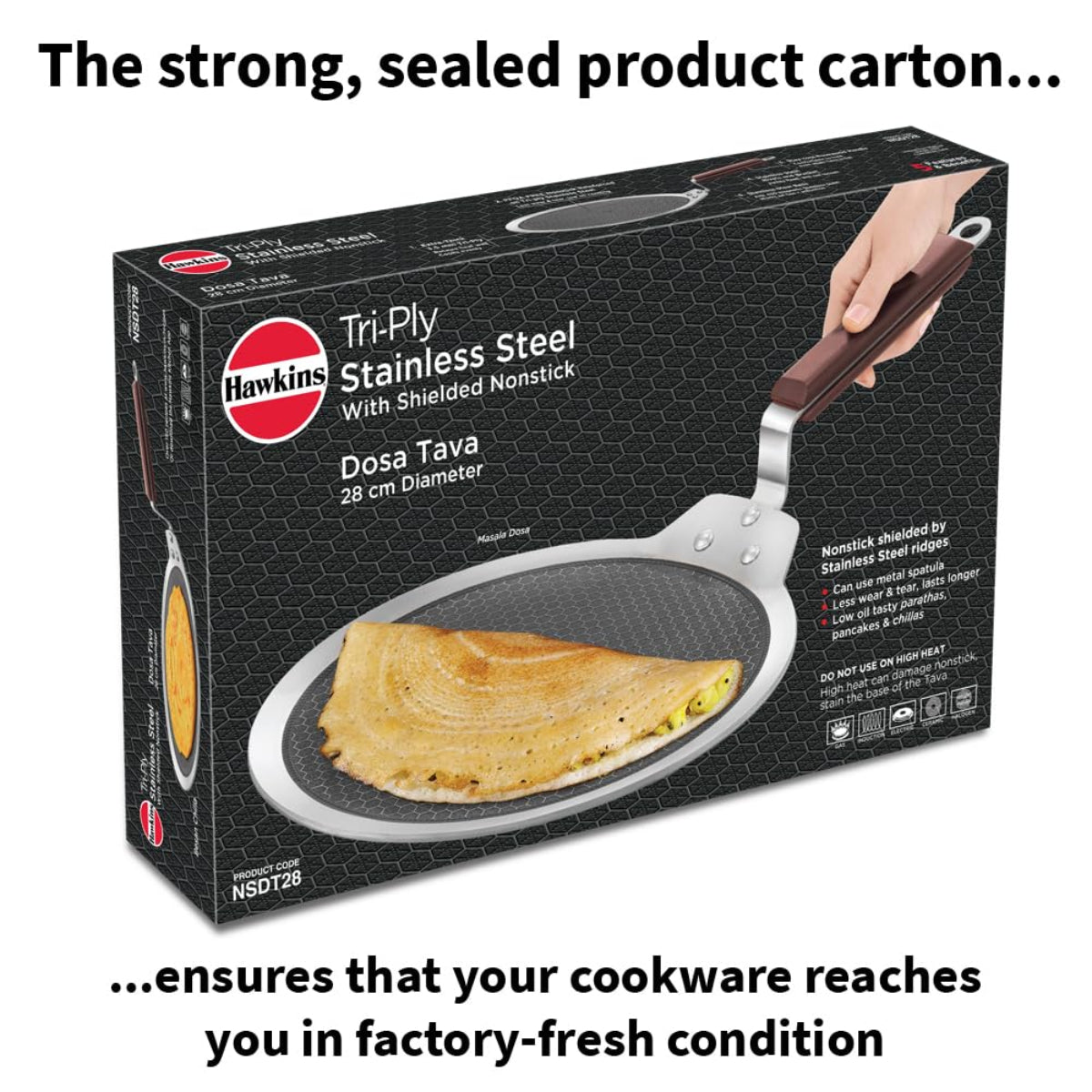 Hawkins 28 cm Dosa Tava, Triply Stainless Steel Shielded Nonstick Tawa with Wood Handle, Induction - NSDT28