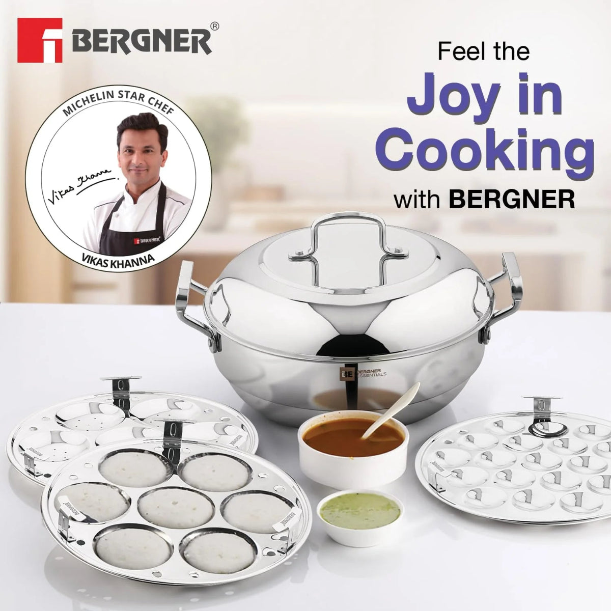 Bergner Essentials Triply Stainless Steel 27cm Multi Kadhai with 6 Plates - Induction Compatible - 6308