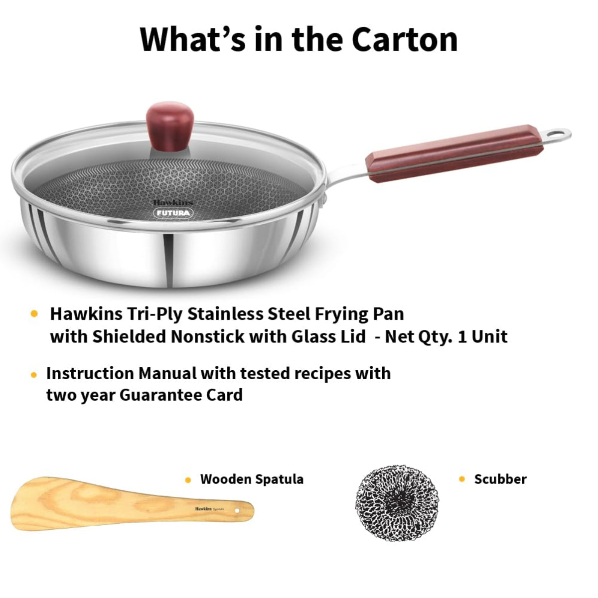 Hawkins 22 cm Triply Stainless Steel Shielded Nonstick Frying Pan with Glass Lid Wood Handle, Induction - NSF22G