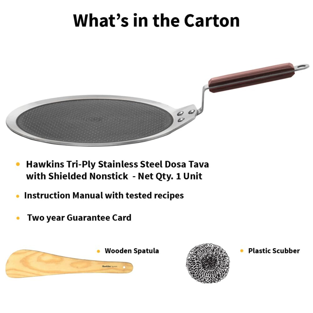 Hawkins 28 cm Dosa Tava, Triply Stainless Steel Shielded Nonstick Tawa with Wood Handle, Induction - NSDT28