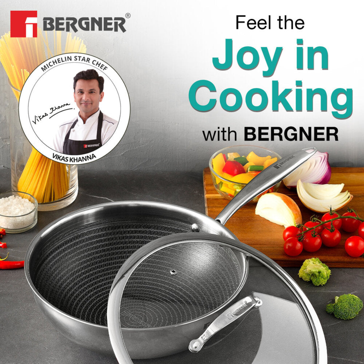 Bergner Hitech Tri-Ply Stainless Steel Non-Stick Wok Lid