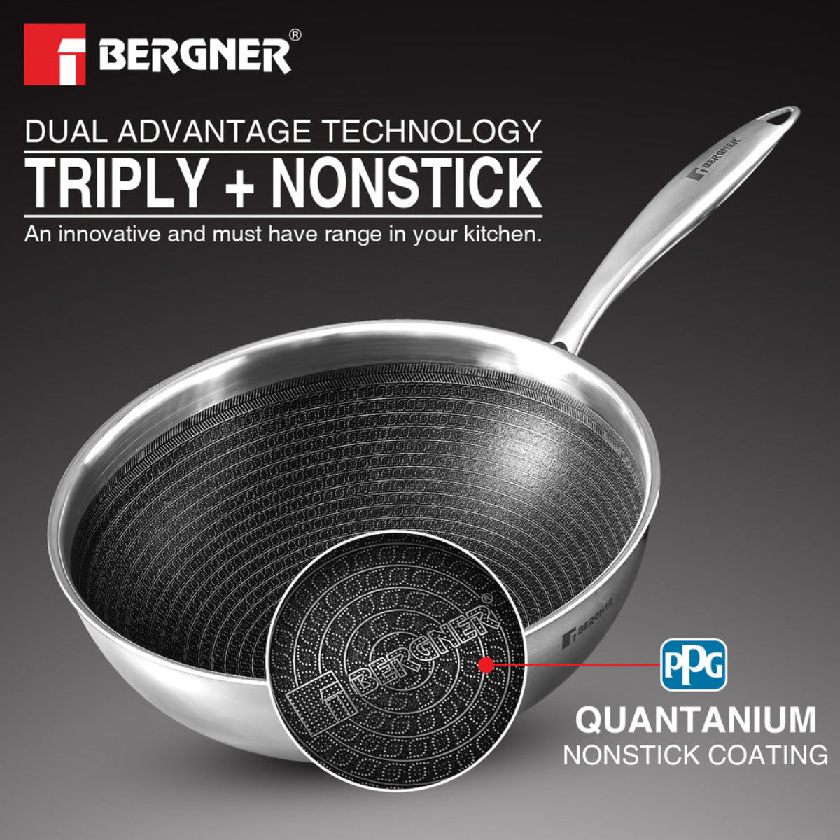 Bergner Hitech Tri-Ply Stainless Steel Non-Stick Wok Lid