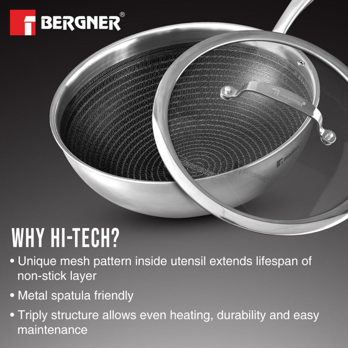Bergner Hitech Tri-Ply Stainless Steel Non-Stick Wok Lid