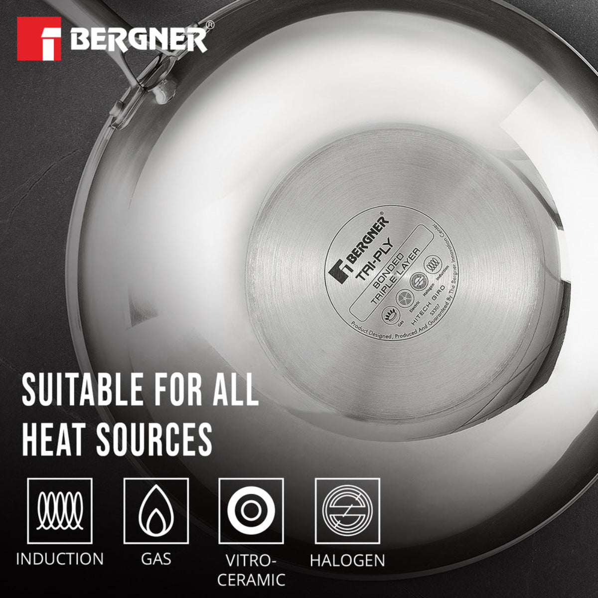 Bergner Hitech Tri-Ply Stainless Steel Non-Stick Wok Lid