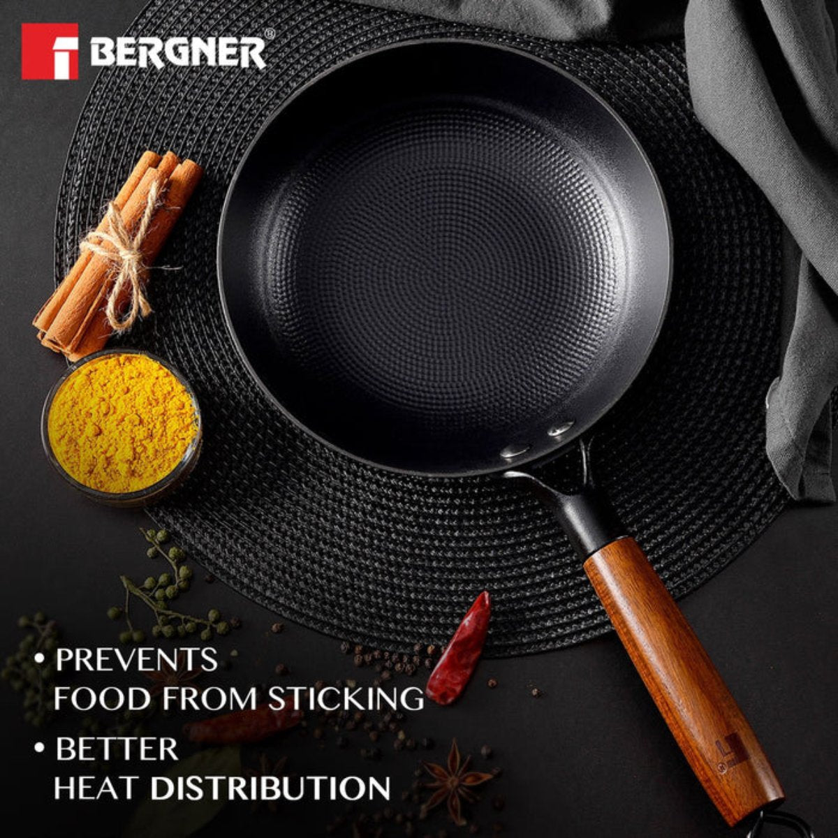 Bergner Odin 28 cm Cast Iron Frypan with Wooden Handle (Induction Base)