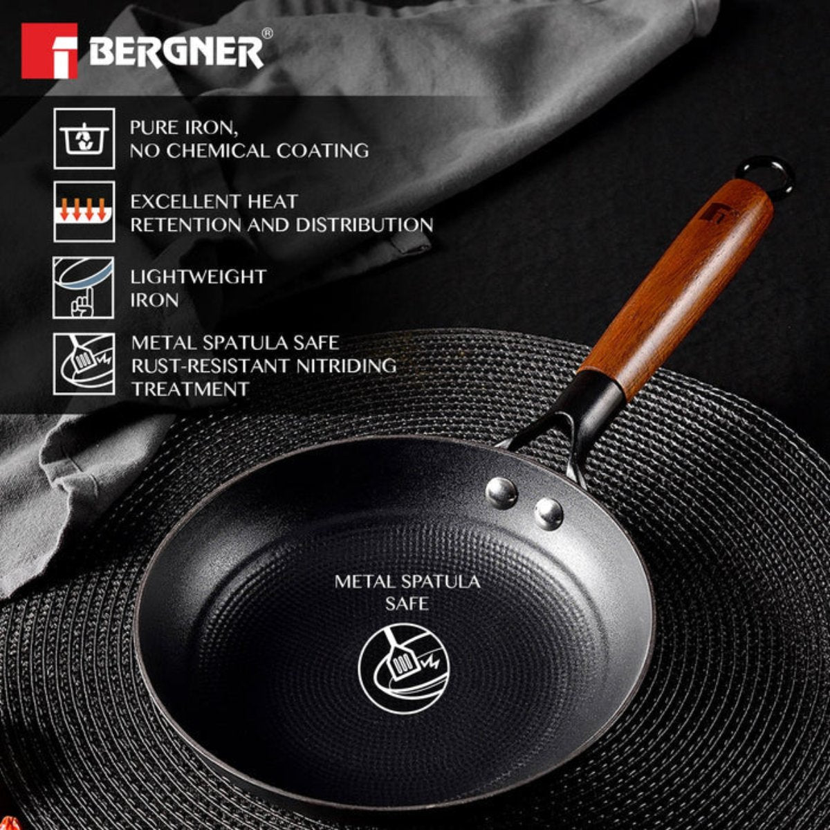 Bergner Odin 20 cm Cast Iron Frypan with Wooden Handle (Induction Base)