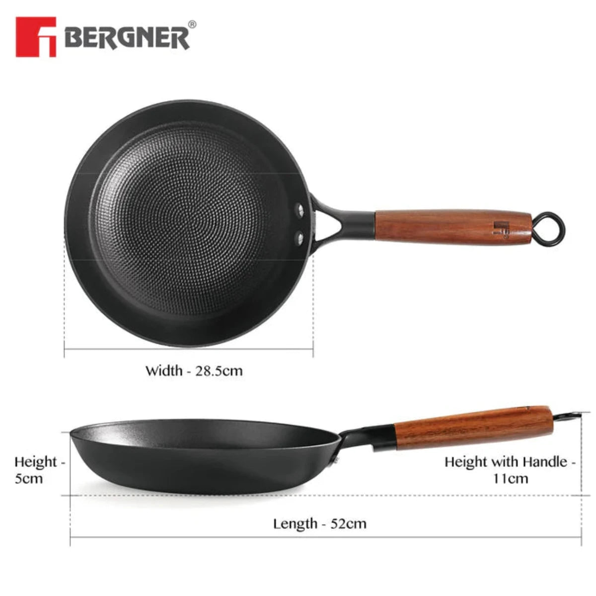 Bergner Odin 28 cm Cast Iron Frypan with Wooden Handle (Induction Base)