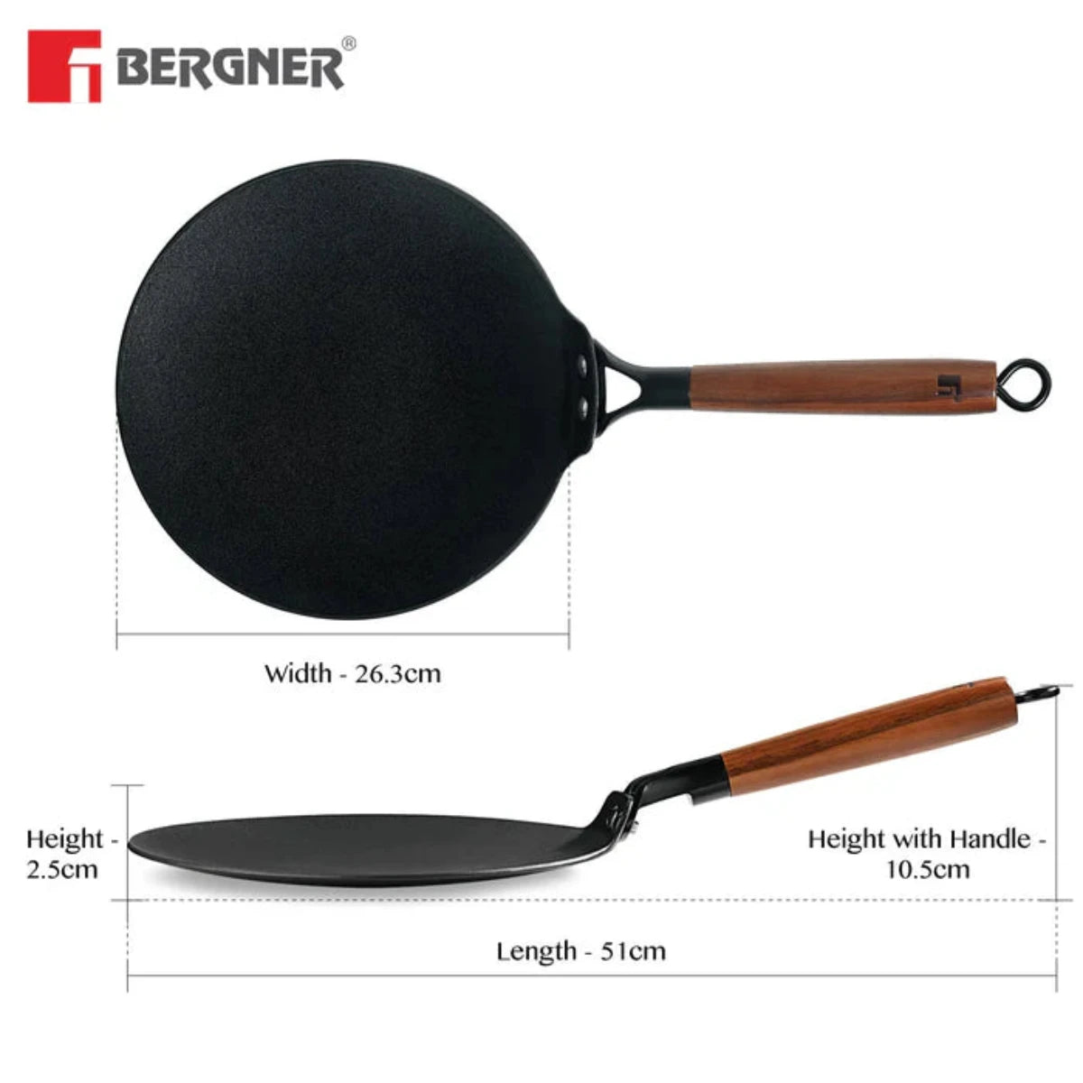 Bergner Odin 26 cm Cast Iron Roti Tawa w/h Wooden Handle (Induction Base)