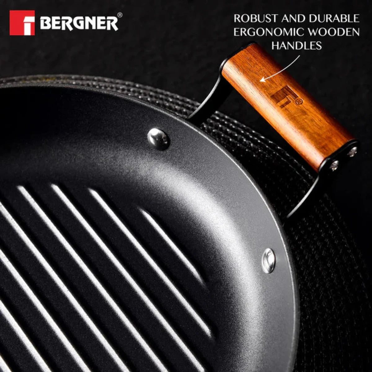Bergner Odin 28 cm Cast Iron Round Grill Plate with Wooden Coated Handle (Induction Base)