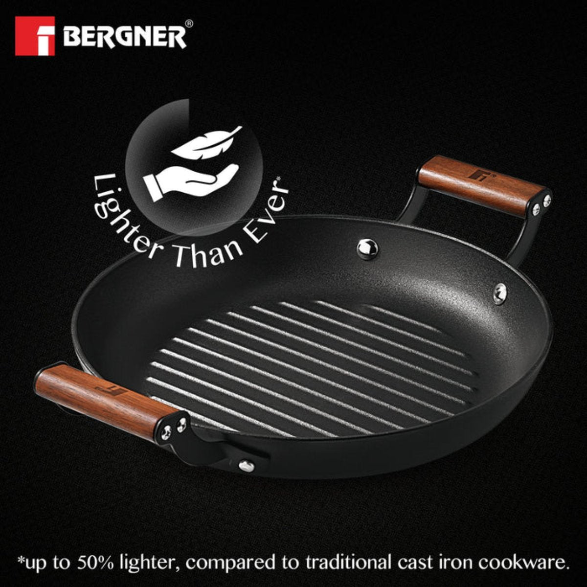 Bergner Odin 28 cm Cast Iron Round Grill Plate with Wooden Coated Handle (Induction Base)