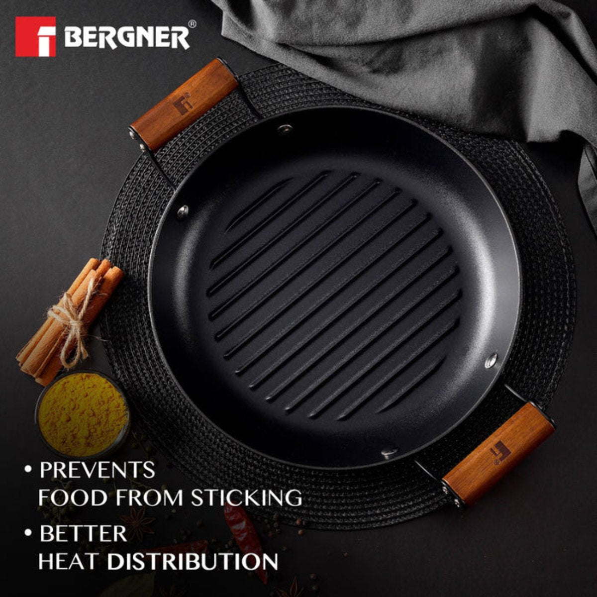 Bergner Odin 28 cm Cast Iron Round Grill Plate with Wooden Coated Handle (Induction Base)