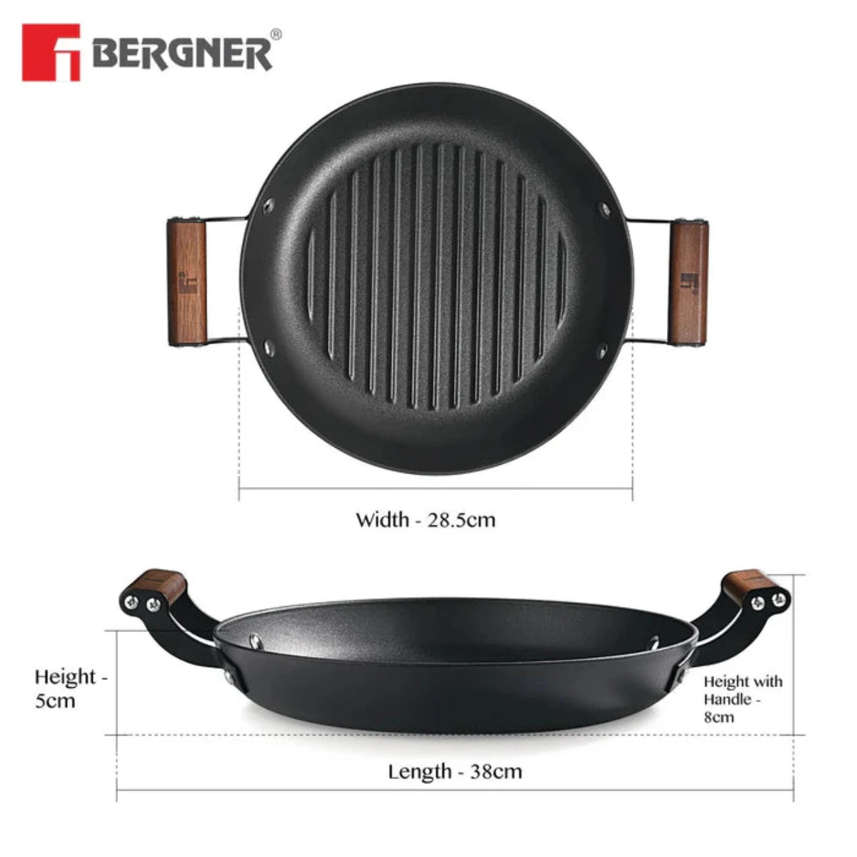 Bergner Odin 28 cm Cast Iron Round Grill Plate with Wooden Coated Handle (Induction Base)