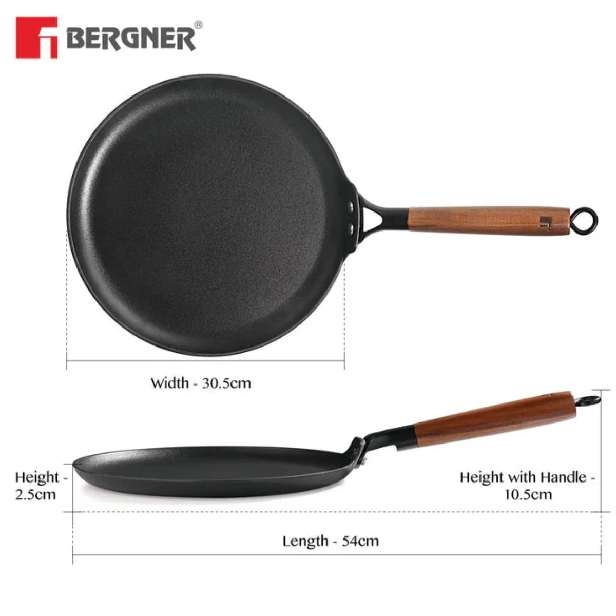 Bergner Odin 30 cm Cast Iron Dosa Tawa with Wooden Handle (Induction Base)