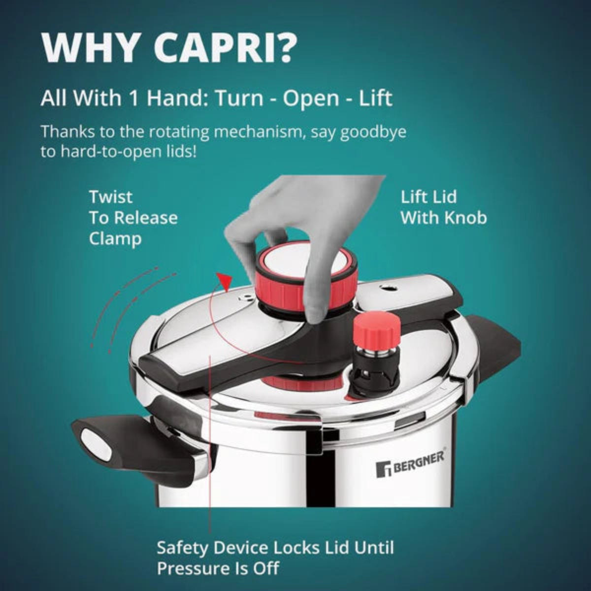 Bergner Capri Tri-Ply Pressure Cooker with Low and High Pressure Settings, Safety Lock BGIN-0620