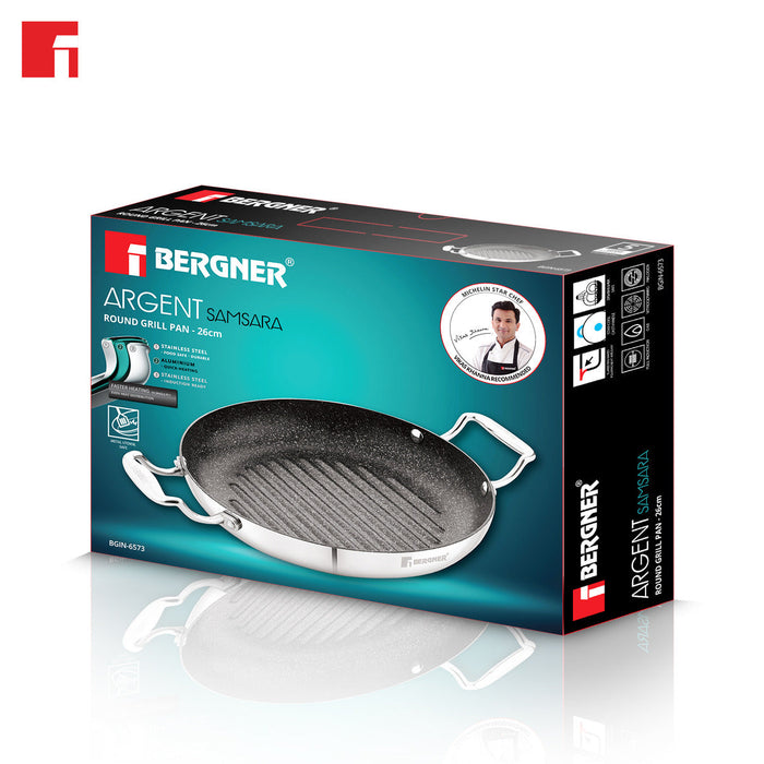Bergner Argent Samsara Tri-Ply Stainless Steel 26cm Round Grill Pan - Induction Bottom