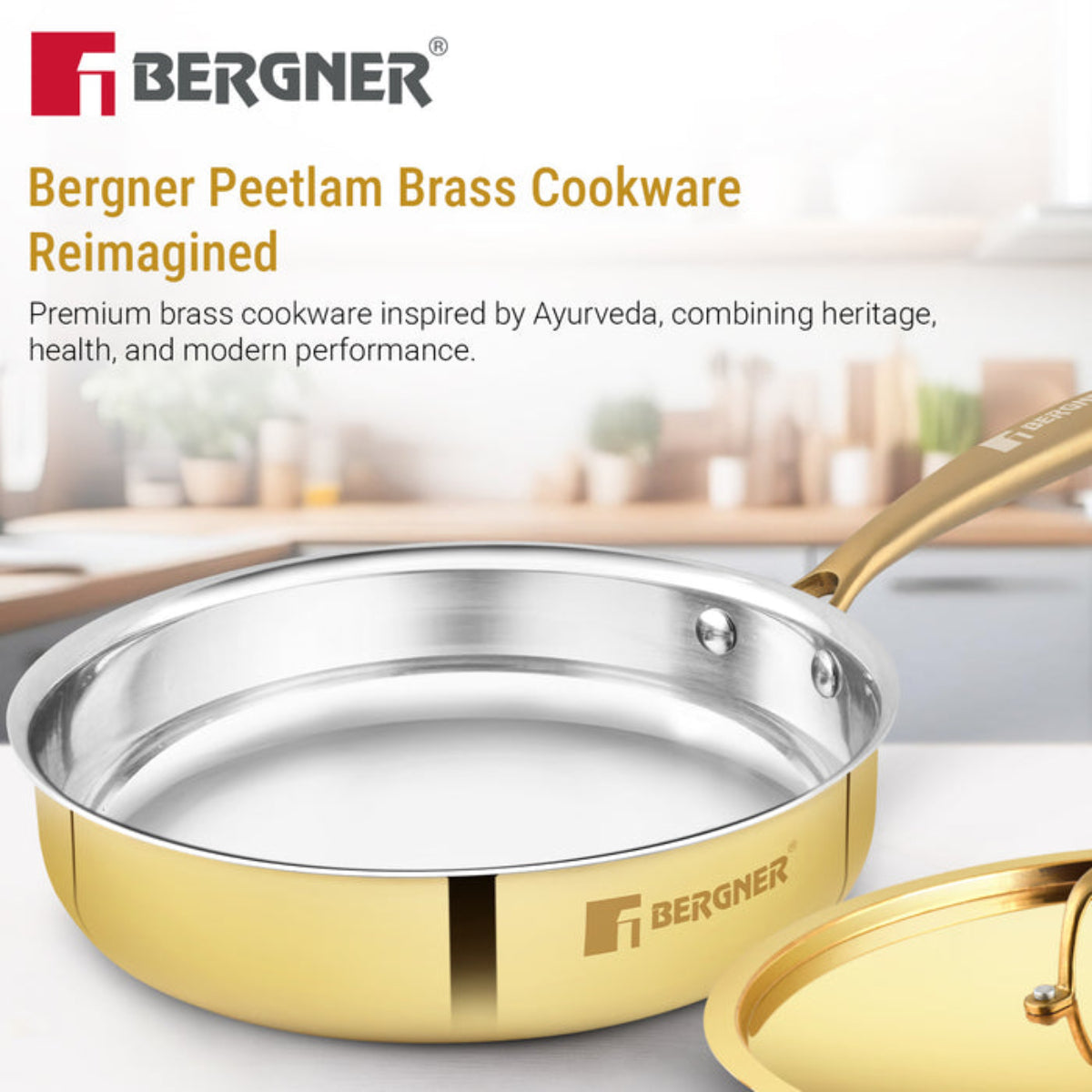 Bergner Peetlam Sautepan with Lid 22cm/1.3L, Traditional, Tin/Kalai Coated Brass