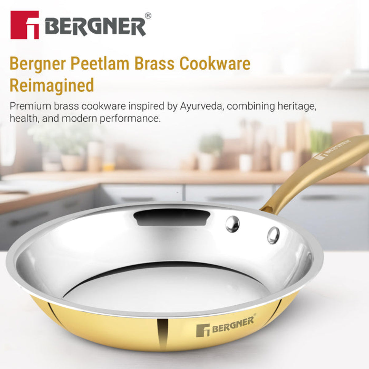 Bergner Peetlam Frypan 24cm/1L, Tin (Kalai) Coated, Traditional Brass Frying Pan