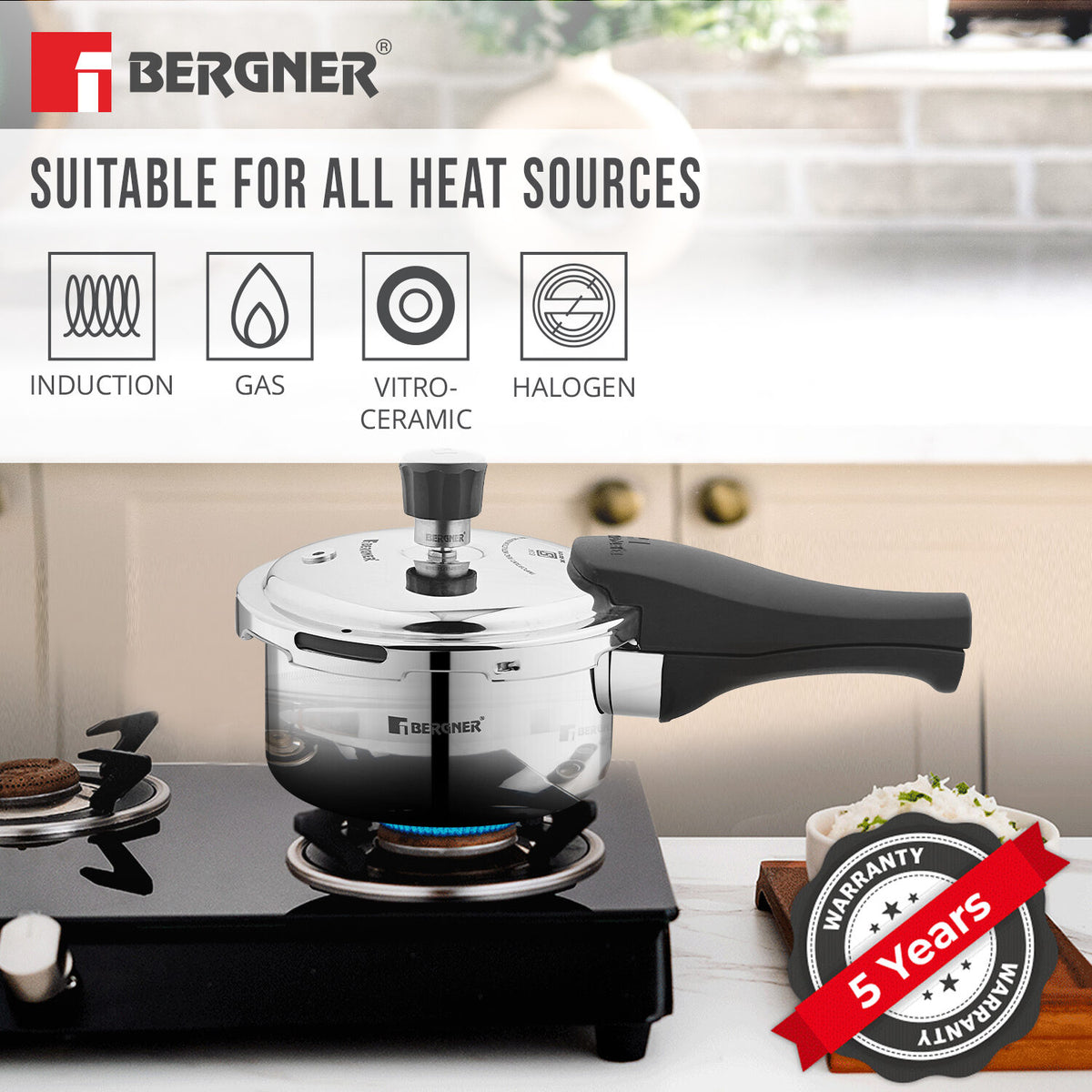 Bergner Tri-Max Junior Tri-Ply Stainless Steel 1 Litre Outer Lid Mini Pressure Cooker