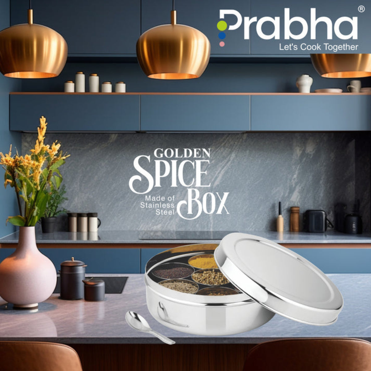 Prabha Stainless Steel Golden Spice Box - Best for Home & Kitchen