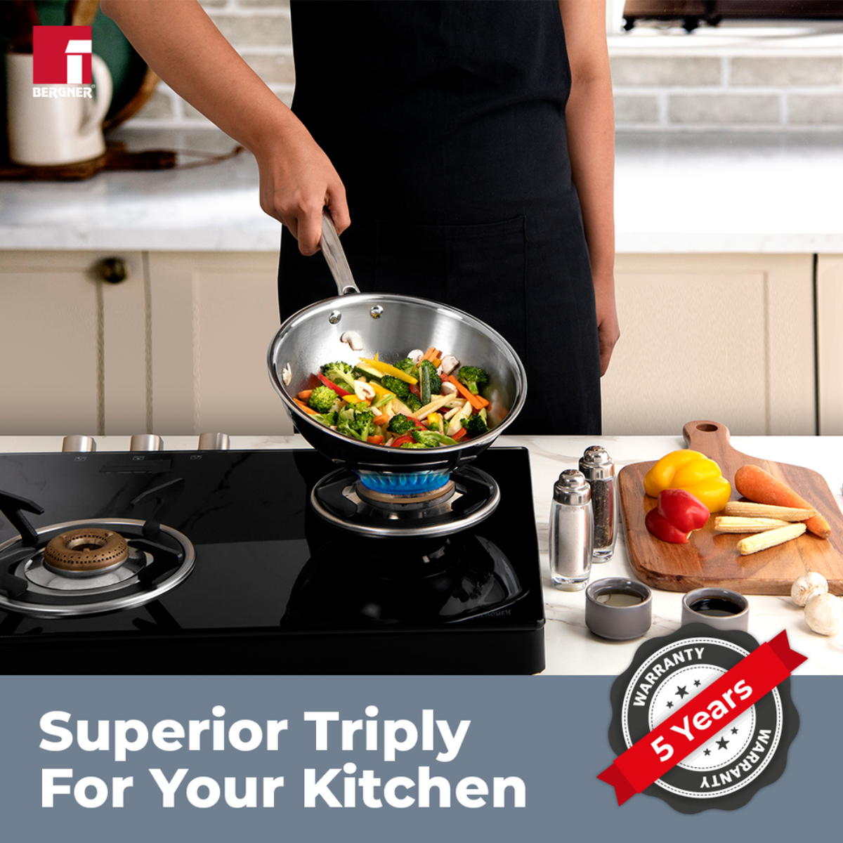 Bergner Argent Tri-Ply Stainless Steel Wok 22 cm (2.2 L)