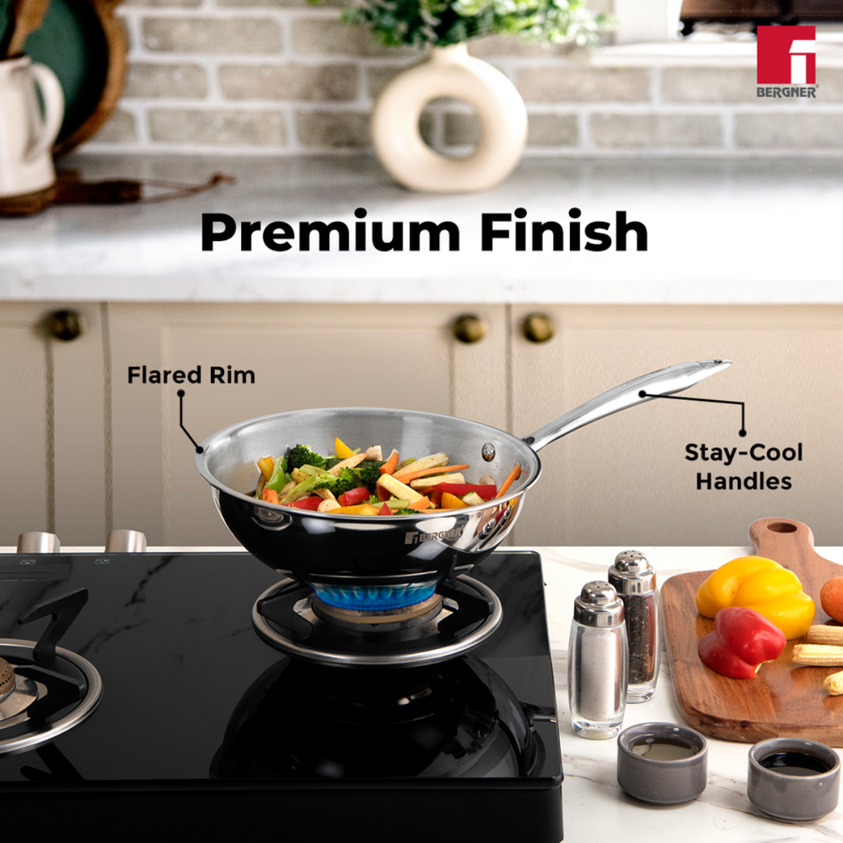 Bergner Argent Tri-Ply Stainless Steel Wok 22 cm (2.2 L)