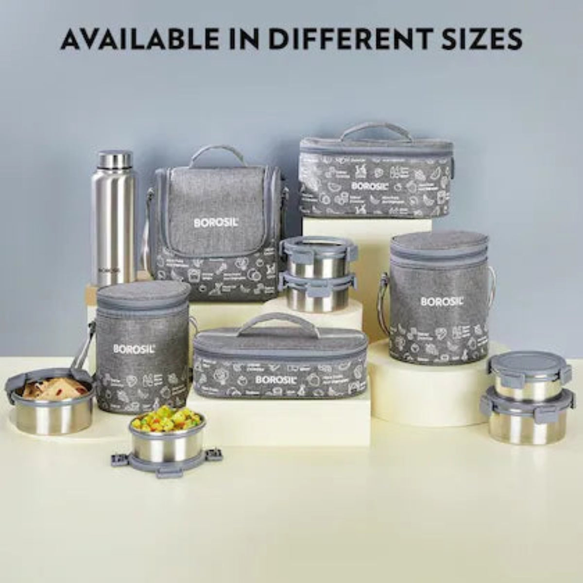 Borosil Slate Stainless Steel Lunch Box with Bag | 4 Pcs Round Container Set (280 ml Each) | Single Wall Lunch Box with Food Grade Steel | Leakproof & Dishwasher Safe | 1 Year Warranty