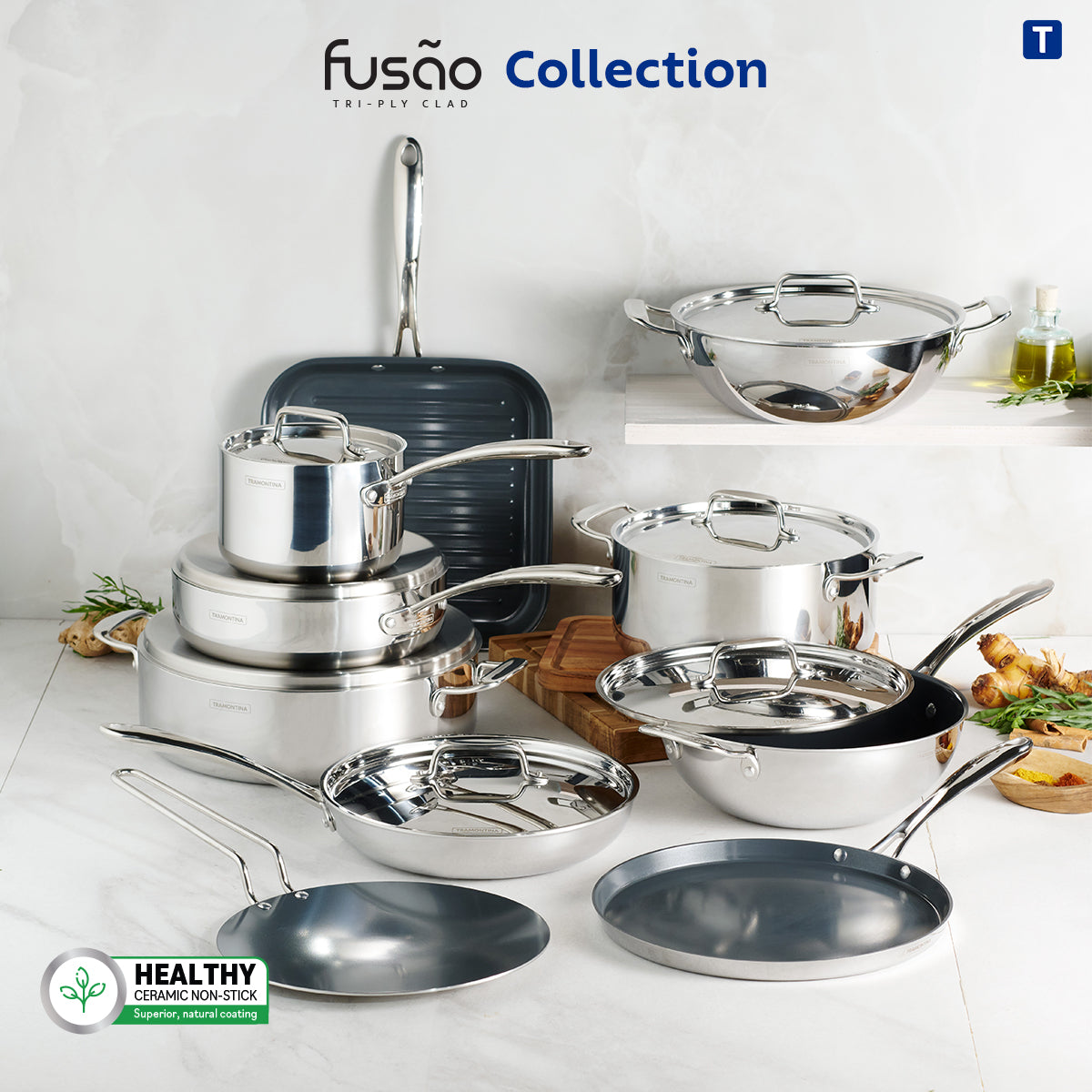 Tramantino Fusao EX+ 26cm Ceramic Stainless Steel Tri-Ply Concave Tawa - 4mm Thick
