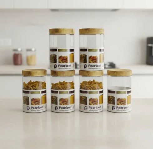 Pearlpet jars Coral Jars with Wooden like caps |Light brown| Set of 6