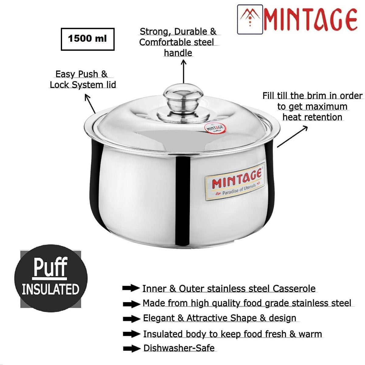 Mintage Hotcase Casserole Harmony Belly With Stainless Steel Lid 1500 ml, HCH-15