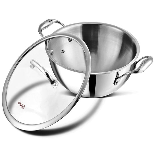 Vinod Platinum Triply Stainless Steel Extra Deep Kadhai With Glass Lid 1.8L (20 cm) Induction Base - EDPTKD20GL