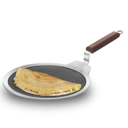 Hawkins 28 cm Dosa Tava, Triply Stainless Steel Shielded Nonstick Tawa with Wood Handle, Induction - NSDT28