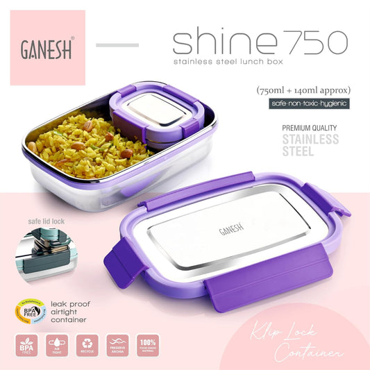 Ganesh Shine Stainless Steel Leak Proof Lunch Box Set for School & Office 750 ml - BPA Free