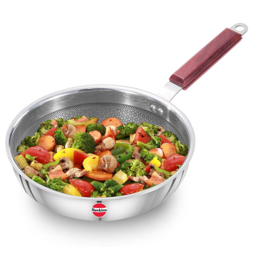 Hawkins 22 cm Triply Stainless Steel Shielded Nonstick Frying Pan with Wood Handle, Induction - NSF22