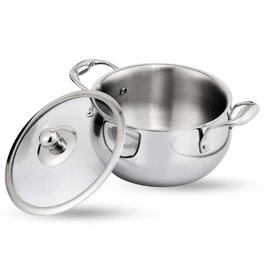 Vinod Platinum Triply Stainless Steel Medium Belly Saucepot With Glass Lid 3.7 Liter | Induction Base, Silver - PSOM20