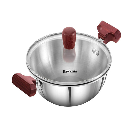 Hawkins Triply Stainless Steel Deep Fry Pan with Glass Lid & Side Wooden Handle Induction Compatible