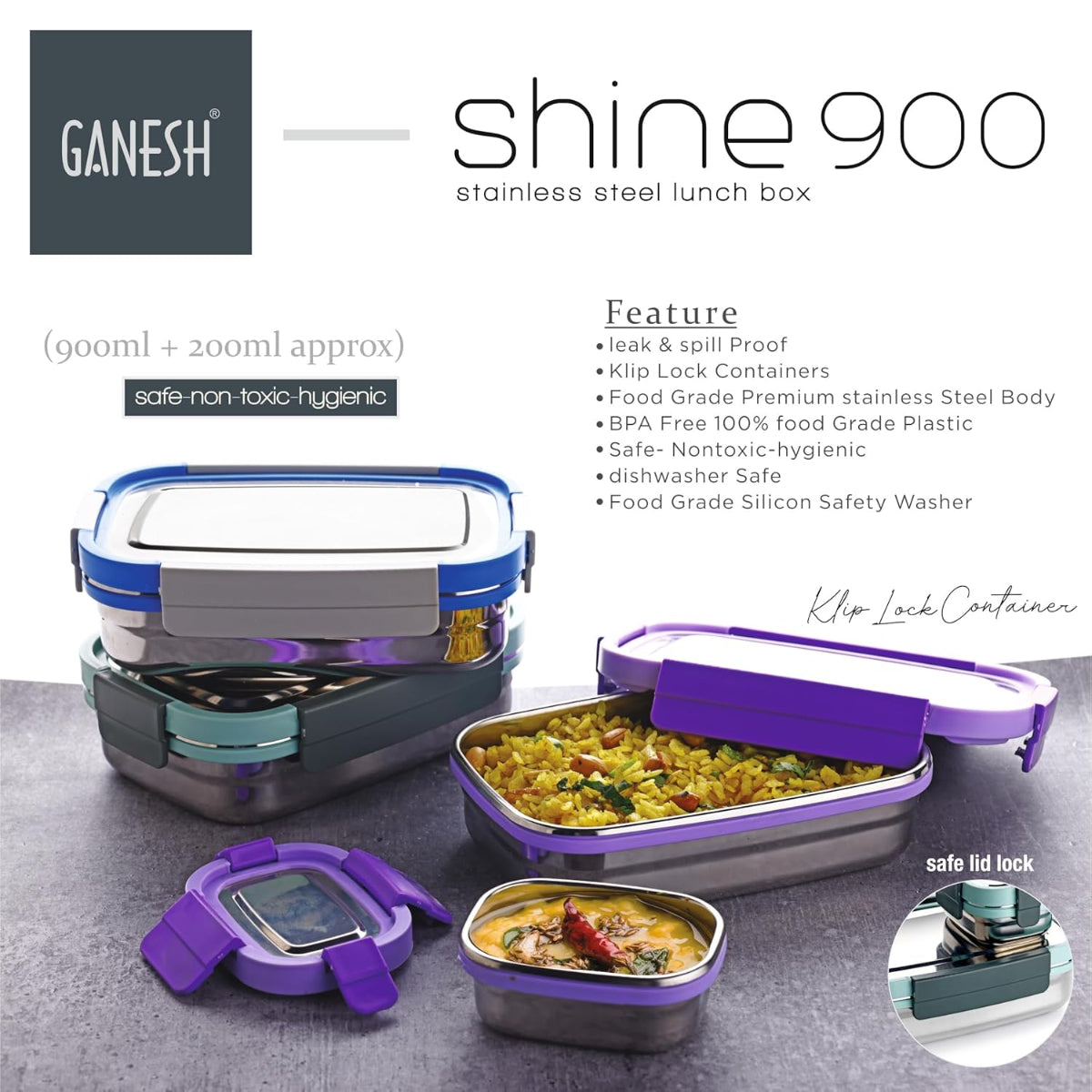 Ganesh Shine Stainless Steel Airtight Leak-Proof Lunch Box for Office & School, 900 ml - BPA Free