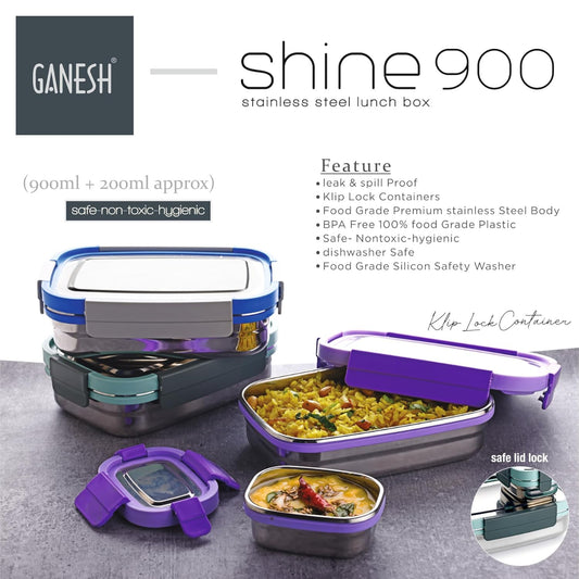 Ganesh Shine Stainless Steel Airtight Leak-Proof Lunch Box for Office & School, 900 ml - BPA Free