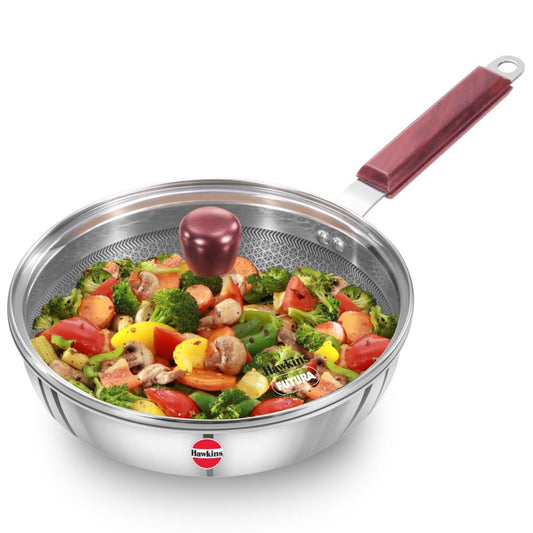 Hawkins 22 cm Triply Stainless Steel Shielded Nonstick Frying Pan with Glass Lid Wood Handle, Induction - NSF22G