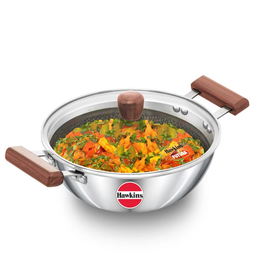 Hawkins 2.5L Triply SS Steel Shielded Nonstick Deep-Fry Pan with Glass Lid & Wooden Handle, Induction - NSDK25G