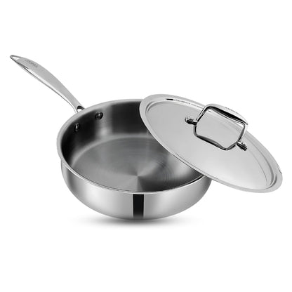 Vinod Platinum Triply Stainless Steel Sautepan with Stainless Steel Lid 2.6 Liter, 24 cm | Induction Friendly, Silver - PSTP24