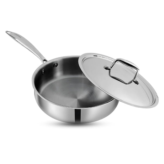Vinod Platinum Triply Stainless Steel Sautepan with Stainless Steel Lid 2.6 Liter, 24 cm | Induction Friendly, Silver - PSTP24