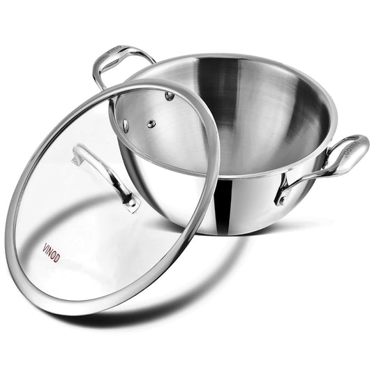 Vinod Platinum Triply Stainless Steel Extra Deep Kadhai With Glass Lid 4.8L (28 cm) Induction Base - EDPTKD28GL