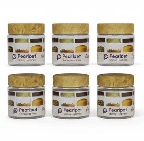 Pearlpet jars Coral Jars with Wooden like caps |Light brown| Set of 6